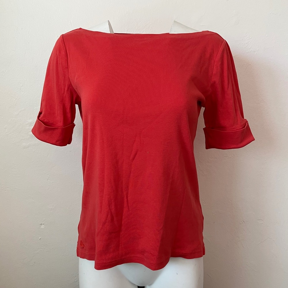 Lauren Ralph Lauren Red Boat Neck Cotton Top Cuffed Short Sleeve Size M